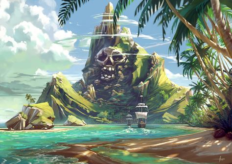 Pirate Cove Concept Art, Pirate Bay Concept Art, Dnd Island Art, Pirate Landscape, Pirates Concept Art, Island Fantasy Art, Fantasy Pirate Art, Concept Art Ideas, Island Concept Art