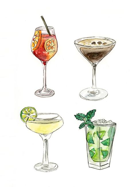 Cocktails Watercolor, Cocktails Drawing, Cocktail Illustration, Gimlet, Cocktail Art, Cat Air, Plakat Design, 수채화 그림, Espresso Martini