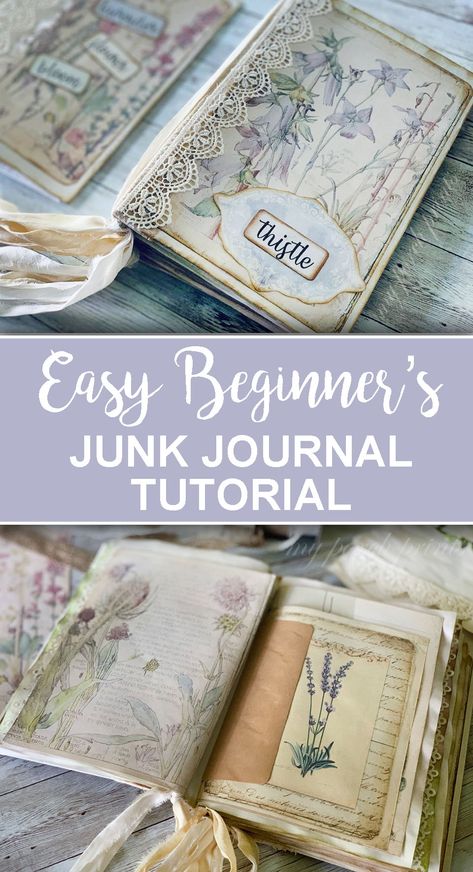 Make your first ever junk journal! It's easy with this no-sew journal tutorial from My Porch Prints! Treasure Books Tutorials, How To Make A Junk Journal For Beginners, Scrapbook Junk Journal, Art Journaling For Beginners, Decorating Journal Covers, Junk Journal Prompts, Junk Journal Pockets And Tucks, Junk Journal Ideas Inspiration, Junk Journal Tutorial