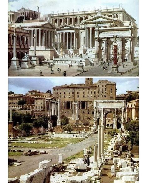 The Roman Forum - Then and now. #italy #travel #art #roma #photography #architecture #love #culture #travelphotography #instagram #italia #instagood #nature #travel #photooftheday #explore #india #historia #historical #museum #heritage #photo #travelgram #reels #trending #photography #beautiful #love #europe #italy Roman Wedding Theme, Imperiul Roman, Rome History, Ancient Roman Architecture, Architecture Antique, Egiptul Antic, Bangunan Minecraft, Rome Antique, Empire Romain