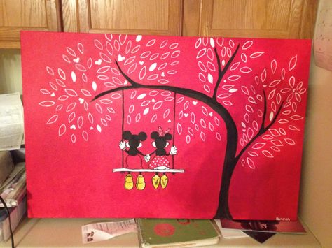 Mickey And Minnie Canvas Painting, Mickey And Minnie Painting, Mickey Mouse Painting, Mickey And Minnie Kissing, Mouse Paint, Artsy Ideas, Paintings Ideas, Disney Paintings, Disney Valentines