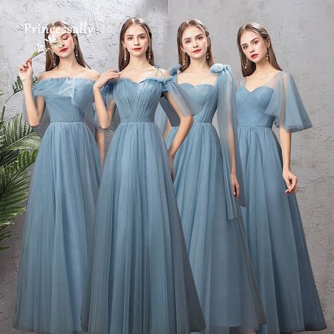 Blue Dress Bridesmaids, Dusty Blue Bridesmaid Dresses Tulle, Bridesmaid Dusty Blue Dresses, Bridesmaids Tulle Dress, Blue Braidmaids Dresses, Fantasy Wedding Bridesmaid Dresses, Bridesmaid Gown Tulle, Bridesmaid Elegant Dresses, Bridesmaid Dress Styles With Sleeves