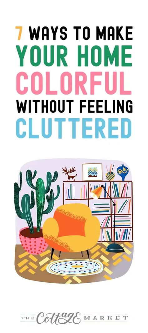 7 WAYS TO MAKE YOUR HOME COLORFUL WITHOUT FEELING CLUTTERED These 7 Ways to Make Your Home Colorful Without Feeling Cluttered will help you add a ton o fun to your space! Adding pops of color is a great way to liven up your house, but splattering it around can backfire. Too much can make your home feel smaller, and efforts to add colorful decor can make it appear cluttered. Here’s how to add your favorite colors around your home without going overboard. Boho Living Room With Pops Of Color, How To Make House Brighter, Neutral Living With Pop Of Color, Homes With Pops Of Color, Splash Of Colour Living Room, Brightening Room Ideas, Happy Colors For Living Room, Bright And Cozy Home, Using Color In Home Decor