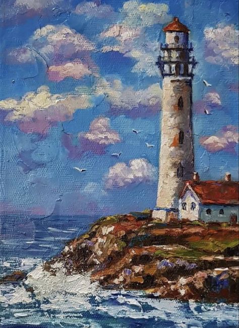 Painting Lighthouse, Coast Painting, Lukisan Lanskap, Painting Expressionism, Impasto Art, Seaside Paintings, Painting Texture, Lighthouse Painting, Lighthouse Art