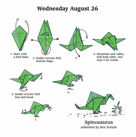 Origami Dragon Step By Step, Origami Dinosaur Easy, Origami Easy Tutorial, Easy Origami Dragon, Origami T Rex, Origami Dinosaur, Dinosaur Origami, Paper Dinosaur, Pola Kotak