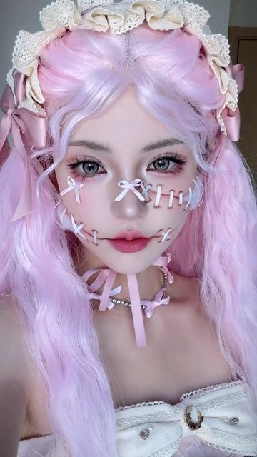 Bunny Makeup Looks Halloween, Harajuku Makeup Dark, Harajuku Makeup Kawaii, Menhera Makeup, Animal Inspired Makeup, Pink Kawaii Makeup, Fairy Kei Makeup, Hair Pins Aesthetic, Anime Makeup Kawaii