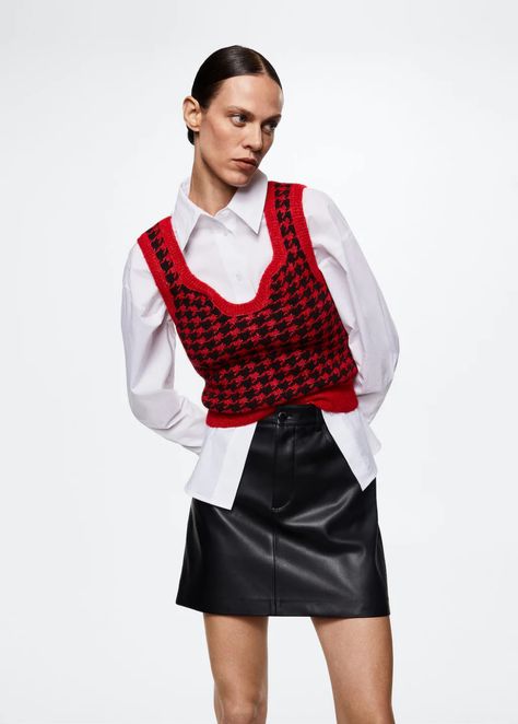 Houndstooth gilet - Woman | Mango Hong Kong Leather Skirt, Fabric Medium, Tailored Design, Garment Labels, Womens Vest, Top Shirt, Mango, Cotton Blend, Crew Neck