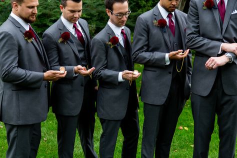 Dark Grey Groomsmen Suits Burgundy Tie, Grey And Red Tuxedo Wedding, Dark Grey And Burgundy Wedding, Grey Groomsmen Suits With Burgundy, Wine And Gray Wedding Color Schemes, Grey And Burgundy Groomsmen, Dark Grey Groomsmen Suits, Burgundy Groomsmen Attire, Grey Tux Wedding