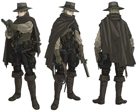 Wild West Reference, Cowboy Vampire Hunter, Western Outfit Design, Bounty Hunter Outfit Design, Wild West Era Fashion, Steampunk People Art, Wild West Vampire, Western Bounty Hunter Character Design, Wild West Character Design Male