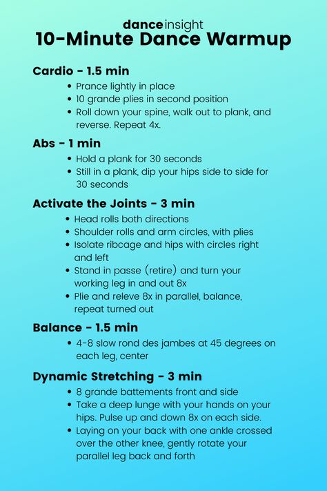 Use this quick-but-thorough dance warmup whenever you're short on time! More variations in the linked post! #dancewarmup #danceaudition Dancer Workout Plan, Dance Terminology, Dance Teacher Tools, Dance Workout Routine, Ballerina Workout, Dance Warm Up, Dance Audition, Dance Motivation, Dance Stretches