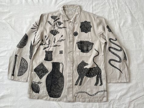 shop — alexis stiteler Printmaking On Fabric, Lino Print On Clothes, Painted Shirt, Wearable Art Clothing, 일본 패션, Textil Design, Silkscreen Print, Textile Print, Painted Clothes