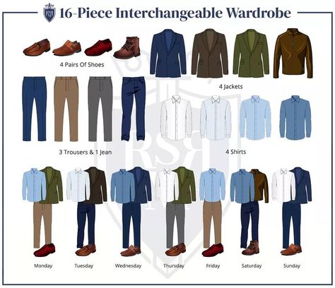 You may have heard of a capsule wardrobe for men or a minimalist wardrobe. The Real Men Real Style Interchangeable Wardrobe builds on these concepts. This article explains how you can build your own Interchangeable Wardrobe and get 256 outfits from just 16 pieces of clothing. Mens Capsule Wardrobe 2023, Minimal Wardrobe Men, Branding Outfits, Men Office Outfit, Minimalist Wardrobe Men, Guys Wardrobe, Office Outfit Men, Man Wardrobe, Wardrobe Hacks