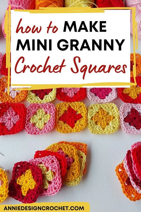 Embroidery Floss Crochet Granny Squares, Miniature Granny Square Pattern, Crochet Mini Squares Pattern, Tiny Crochet Granny Squares, Crochet Square Project Ideas, Crochet Mini Granny Squares Free Pattern, Mini Granny Squares Pattern, Crochet Mini Squares, Embroidery Floss Granny Square