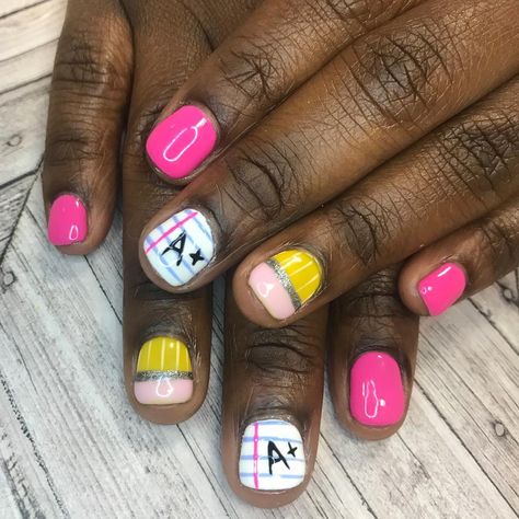 Nail Design Back To School, Back To School Nails Dip Short, Back To School Kid Nails, Teacher Nails Short, Nail Ideas For Very Short Nails, Back To School Manicure Ideas, Back To School Nails For Little Kids, Cute Back To School Nails For Kids, Crayola Nails Design