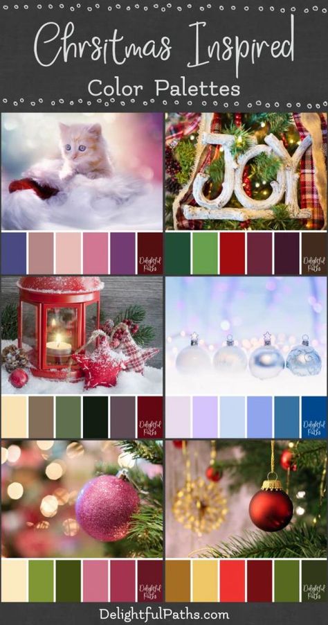 christmas color palettes from DelightfulPaths.com Christmas Theme Color Palette, Alternative Christmas Color Palette, Christmas Lights Color Palette, Christmas Color Combinations Colour Palettes, Holiday Party Color Palette, Christmas Palette Colour Schemes, Yule Color Palette, Christmas Colour Palette 2022, Grinch Color Palette