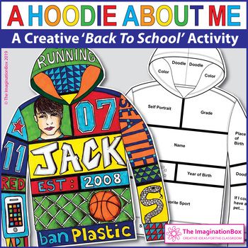 This 'Hoodie About Me' art and writing activity, is a creative first week back to school getting to know you ice breaker for both boys and girls. It's a really unique way for teachers and students to learn more about each other.Invite students to respond to prompts and questions in a personal and i... All About Me Hoodie, Hoodie Template, Creative Art Activities, All About Me Art, School Art Activities, Back To School Activity, About Me Activities, Back To School Art, Early Finishers Activities