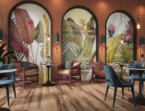 Rico wallpaper by Tecnografica Italian Wallcoverings. Furniture Design Kitchen, Art Deco Cafe, Tropical Interiors, Modern Restaurant Design, Tropical Interior Design, Cafe Wall Art, Interior Design Paint, Tropical Interior, Office Room Decor