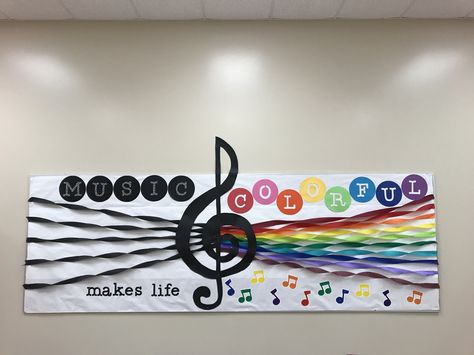 Elementary Music room bulletin board. "Music makes life colorful"  Bright, rainbow, cheerful colors. Perfect for music in our schools month & music advocacy! Art, Arabic Calligraphy