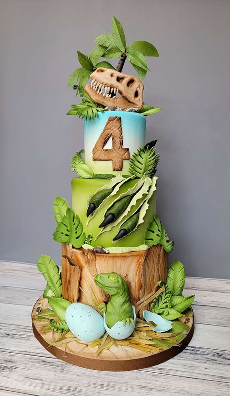 Children's Cakes | whimsycakesbydee 3 Tier Dinosaur Cake, Dinosaur Cake 2 Tier, Dinosaurs Birthday Cake, Dino Birthday Cake Ideas, Dino Birthday Party Cake, Dinosaur Cake 4th Birthday, 3rex Birthday Cake, Dinosaurs Cake Ideas, Two Tier Dinosaur Cake