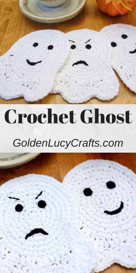 Crochet Ghost coaster, applique, Halloween decorations, crochet pattern, #halloween, #halloweendecorations, #crochetghost, #crochetpattern, #crochetcoaster, #crochetapplique Ghosts Crochet, Ghost Coasters, Crochet Pattern Halloween, Crochet Ghost, Fall Crochet Patterns, Coaster Pattern, Easy Knitting Projects, Crochet Coaster Pattern, Halloween Crochet Patterns