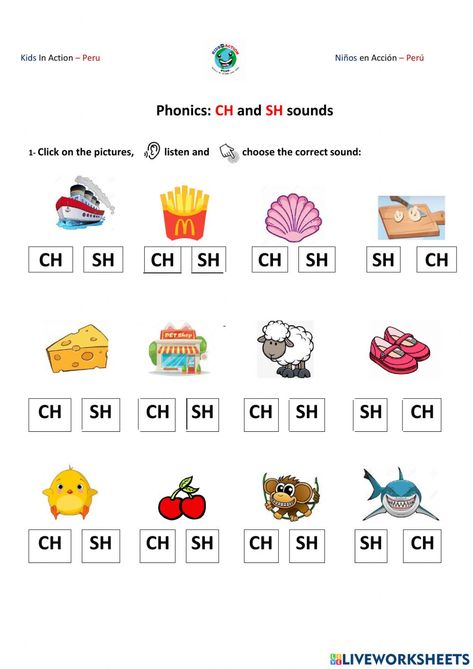 Sound ch and sh online activity for Sound ch and sh. You can do the exercises online or download the worksheet as pdf. Th Sound Worksheet, Ch Sound Worksheets, Initial Sounds Worksheets, Ch Sound, Ch Words, Cvc Words Worksheets, Letter Worksheets For Preschool, Penguin Cartoon, Blends Worksheets