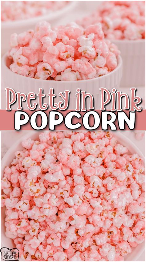 Pink Colored Food Ideas, Pink Colored Foods For Party, Cute Pink Deserts, Barbie Party Sweets, Pink Food For Barbie Party, Easy Pink Foods For Party, Pink Dessert Shooters, Pink Barbie Food Ideas, Party Popcorn Recipe