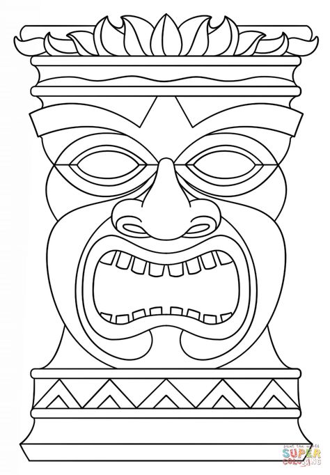 Hawaiian Tiki Masks Coloring Pages Tiki Coloring Pages, Totem Koh Lanta, Tiki Maske, Mask Coloring Page, Tiki Faces, Tiki Man, Luau Party Decorations, Aloha Party, Tiki Totem
