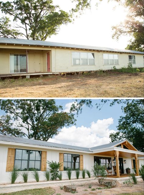 Joanna Gaines // Fixer Upper // Season 3 Renovation Facade, Mobile Home Exteriors, Mobile Home Makeovers, Mobile Home Renovations, Manufactured Home Remodel, Ranch Remodel, Home Exterior Makeover, Exterior Renovation, Casa Exterior