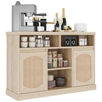 Highland Dunes Rattan Buffet Storage Cabinet, 47" Sideboard Coffee Bar Cabinet brownWood in Natural | 31.49" H X 15.39" W X 47.24" D | Wayfair Sideboard Coffee Bar, Rattan Buffet, Modern Farmhouse Kitchen Cabinets, Cabinet For Kitchen, Farmhouse Storage Cabinets, Rattan Cabinet, Coffee Bar Cabinet, Rattan Doors, Kitchen Dining Living Room