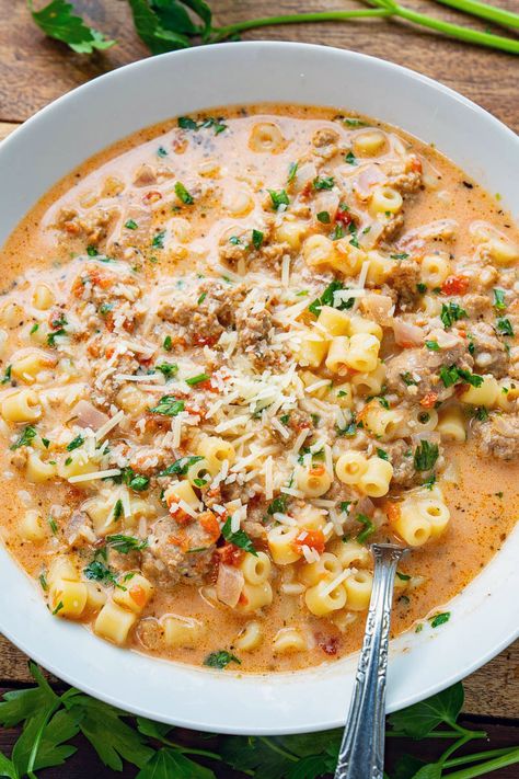 Creamy Parmesan Italian Sausage Soup Dinners Husband Will Love, Sausage Ditalini Soup, Sausage Parmesan Soup, Ditalini Pasta Recipes Sausage, Creamy Parmasen Italian Sausage Soup, Soup And Grilled Cheese Dinners, Easy Dump Soup Recipes, Good Winter Meals, Crockpot Italian Sausage Soup