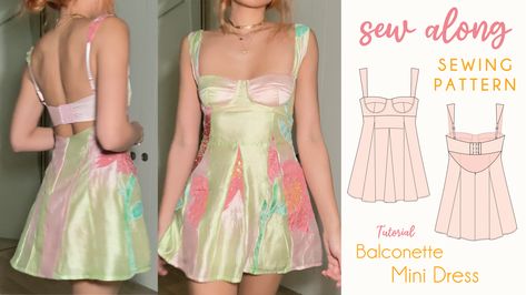 Balconette Mini Dress with Godets Flare Skirt SEWING TUTORIAL + PATTERN Lbd Sewing Pattern, Free Strapless Dress Pattern, Learn To Sew Patterns, Mini Dress Sewing Patterns, Diy Lace Up Back Dress, Trendy Dress Patterns, Aesthetic Dress Pattern, Sewing Pattern Mini Skirt, Trending Sewing Patterns