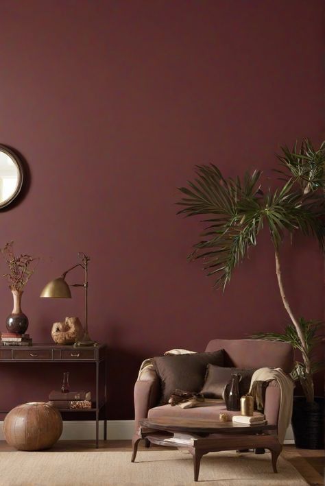 interior design services, home decor ideas, wall paint colors, best home interiors Plum Color Accent Wall, Maroon Wall Paint Ideas, Cherry Red Paint Colors, Marsala Paint Color, Brown Red Bedroom, Coloured Walls Living Room, Moody Wall Paint Colors, Red Accent Wall Office, Moody Red Paint Colors