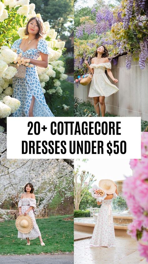 Affordable cottagecore dresses that are so dreamy and whimsical! Puff sleeved dresses with fitted bodices! cottage core, cottage style, cottagecore aesthetic, princesscore, farmcore, meadowcore, fairycore, puff sleeve dress, flower print dress Cottagecore Dress Wedding Guest, Square Neck Cottage Core Dress, Gardening Dresses For Women, Flower Dress Cottagecore, Summer Green Dress Outfit, Cottage Style Dress, Whimsical Summer Dress, Modest Cottage Core Dresses, Spring Dresses Cottagecore
