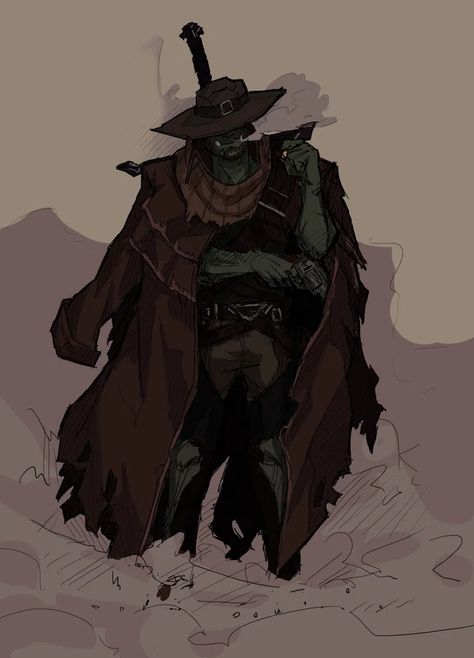 Cowboy Paladin, Half Orc Cowboy, Orc Cowboy, Orc Gunslinger, Pathfinder Gunslinger, Gunslinger Rpg, Fantasy Gunslinger, Oath Of Vengeance Paladin, Gunslinger Dnd