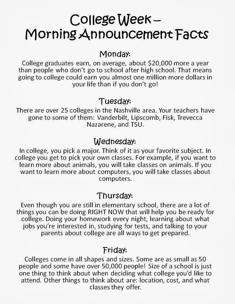 Elementary College Awareness Facts Morning Announcements The Responsive Counselor Counselling Activities, College Awareness Week, Morning Announcements, College Counseling, Middle School Counseling, College Writing, Career Readiness, College Readiness, Counseling Activities