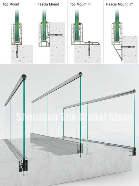 12mm tempered glass aluminium u channel railing system Glass Panel Railing Indoor, Glass Railing Stairs Detail, Glass Stair Railings, Glass Handrail Detail, Glass Handrail Balcony, Glass Railing Balcony Exterior Design, Glass Handrails For Stairs, Glass Railing Detail, Railing Glass Design