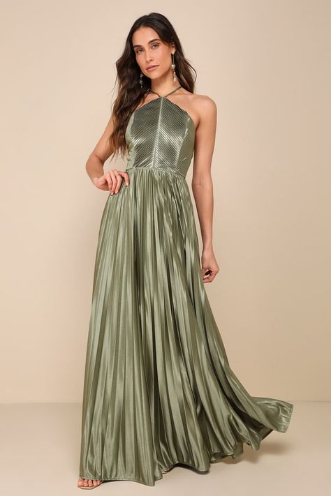 Elaborate Charm Olive Green Satin Pleated Backless Maxi Dress Olive Green Formal Dress, Long Green Bridesmaid Dresses, Olive Green Bridesmaid Dresses, Popular Bridesmaid Dresses, Pleated Satin Dress, Vintage Bridesmaid Dresses, Beach Bridesmaid Dresses, Green Formal Dresses, Halter Bridesmaid Dress