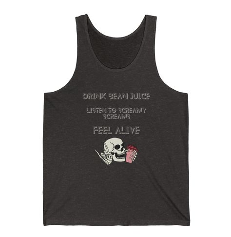 "Drink bean juice. Listen to screamy screams. Feel alive." Tank top. Comes in 5 colors, sizes XS-2XL #EtsyShop #EtsySeller #CaffeinatedMetalBabe #Blegh #Metal #Metalhead #CoffeeLover #HeavyMetal #Metalcore #Blegh #MetalAF #MetalMusic Tank Tops, Metal Music, Scream, Heavy Metal, Coffee Lover, Juice, Tank Top, Etsy Shop, Drinks