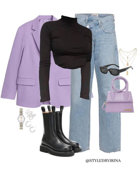 Winter Purple Outfit, Purple Style Outfit Casual, Retro Purple Outfit, Pop Color Outfit, Casual Purple Outfit, Colorful Professional Outfits, Purple Casual Outfit, All Purple Outfit, Color Pop Outfit