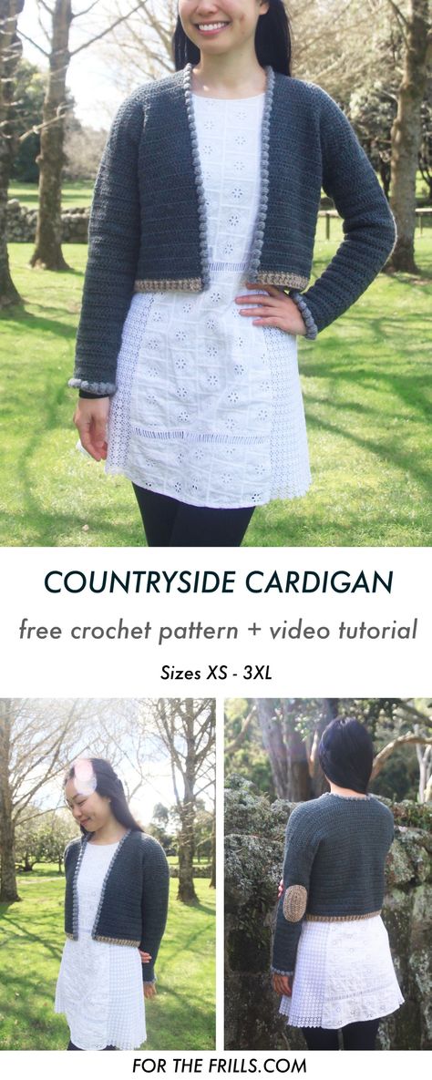 Countryside Cardigan is a cropped crochet jacket with a bobble border and elbow patches. Free crochet pattern and step-by-step video tutorial. This crop crochet cardigan pattern ranges from sizes XS-3XL #crochetpattern #crochetcardigan #croppedcardigan #crochetelbowpatches #freecrochet #thefibreco #crochet Cropped Crochet Cardigan, Crochet Apparel, Crochet Cardigan Free, Crochet Women, Blazer Pattern, Crochet Cardigans, Modern Crochet Patterns, Easy Crochet Patterns Free, Cardigan Crochet