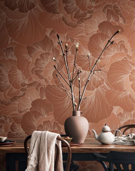 Luxury interior wallpaper and pillows by 17 Patterns are available at The Pattern Collective. Boho Color Scheme, Terracotta Bedroom, Terracotta Walls, Royal Room, Office Wallpaper, Room Wall Colors, Antique Wallpaper, Interior Wallpaper, Spa Design