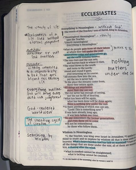 Ecclesiastes 1 Bible Study: - Life without God is meaningless Question: where or not God matters Answer: God is eternal #BibleStudy #Bible #journal #ecclesiastes Ecclesiastes Bible Journaling, Christian Influencer, Ecclesiastes 2, Ecclesiastes 1, Grace Christian, Study Life, Christian Bible Study, Study Journal, Bible Time