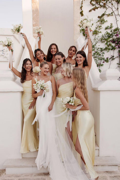 Set upon the Mediterranean coastline, Sanne Vloet and Max Ando-Hirsh exchanged their vows in a seventeenth century farmhouse on a summer afternoon in Puglia, Italy. Sanne’s bridesmaids; Amanda, Sami, Daphne, Julia, Mackenzie, Alyssa, Tiana and Maud were styled to suit the aesthetic, wearing the highly anticipated La Lune in Lemon. Discover the journal online now. Pale Yellow Bridesmaid Dresses, Light Yellow Weddings, Pale Yellow Weddings, Summer Bridesmaids, Yellow Wedding Theme, Yellow Bridesmaids, Yellow Bridesmaid Dresses, Bridesmaid Colors, Bridesmaids Photos