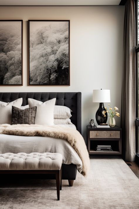 Art Deco Primary Bedroom, Black Headboard Master Bedrooms Decor, White Wall Moody Bedroom, Bedroom Inspirations Master With Dark Furniture, Black Bedroom Furniture White Walls, Moody Bedroom Grey Walls, Black Queen Bedroom Ideas, Master Bedrooms Black Headboard, Timeless Modern Bedroom