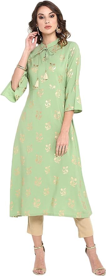 Janasya Indian Women's Light Green Poly Crepe Kurta at Amazon Women’s Clothing store Best Kurtis, Gold Leggings, Sea Green Color, Green Tunic, A Line Kurta, Kurti Collection, Ethnic Looks, Kurta With Pants, Indian Festivals