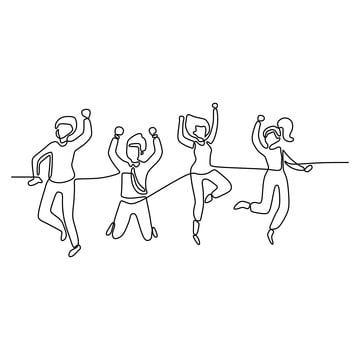 People Minimalist Illustration, Line Art Party, Art People Sketches, Line Drawing Friends, Friends Line Art, Success Drawing, Jumping Fitness, Person Sketch, Wing Drawing