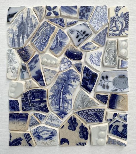 mosaic composition with vintage blue china Blue Mosaic Tile, Mosaic Garden Art, Mosaic Art Projects, Found Object Art, Blue Mosaic, Mosaic Garden, Porcelain Blue, Ceramics Pottery Art, Mosaic Diy