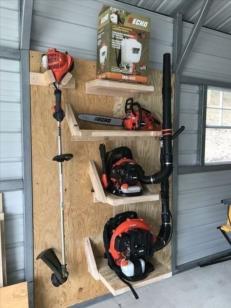 Shed Organisation, Lawn Equipment Storage, Tool Wall Storage, Diy Garage Door Insulation, Diy Garage Gym, Diy Garage Work Bench, Metal Garage Doors, Wallpaper House Design, Diy Garage Storage Cabinets