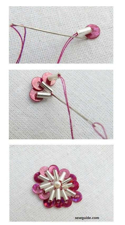 10 easy to do Bead Embroidery Flower motifs - Sew Guide | Hand beaded embroidery, Bead embroidery jewelry, Bead embroidery tutorial How To Beading On Fabric, Beads Flower Embroidery, Embroidery Flowers With Beads, Bead Sewing Embroidery, Bead And Sequin Embroidery, Beaded Clothing Diy, Diy Beading Clothes, How To Sew Beads On Fabric, Beading On Clothes