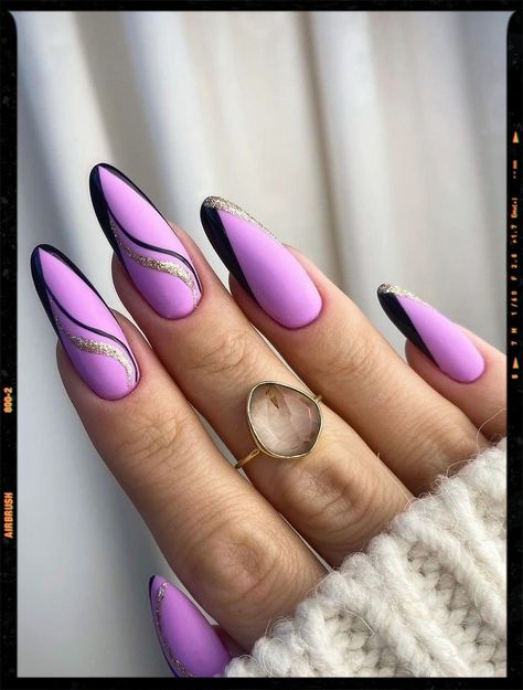 Purple Almond Nails Inspiration Simple Purple Nail Designs Almond, Black And Purple Almond Nails, Purple And Black French Tip Nails, Oval Purple Nails, Purple Nail Designs Almond, Almond Nails Designs Purple, Lilac And Black Nails, Nail Designs For September, Purple Almond Nails Design